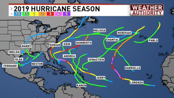 picture of the atlantic ocean showing all of the hurricane paths from 2019