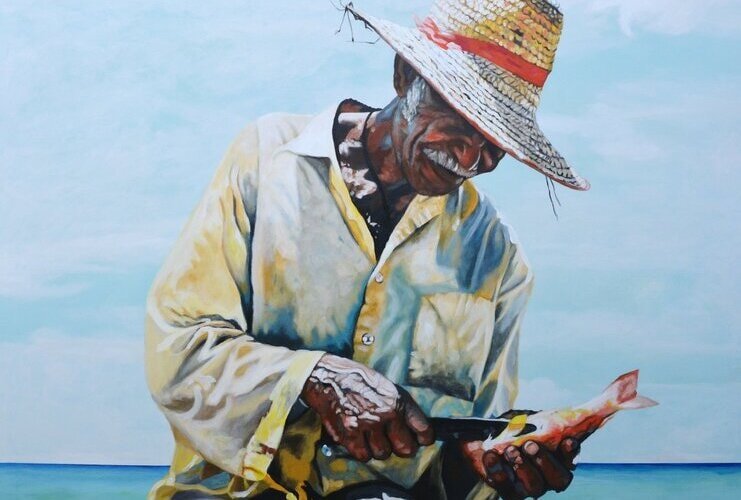 painting of a local fisherman cleaning a fish