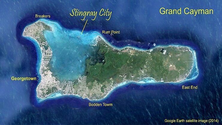 picture of a map of Grand Cayman that shows the location of Stingray City