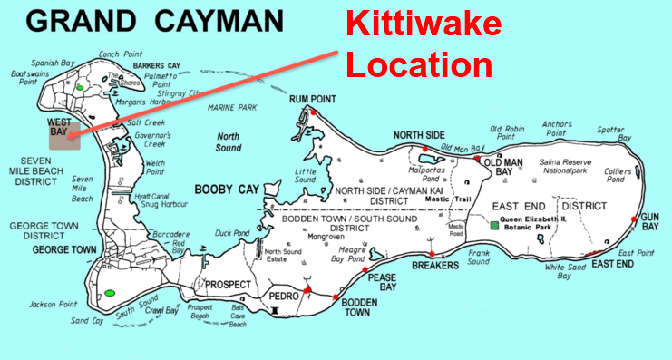 image of map of Grand Cayman showing kittiwake's location on west side of island