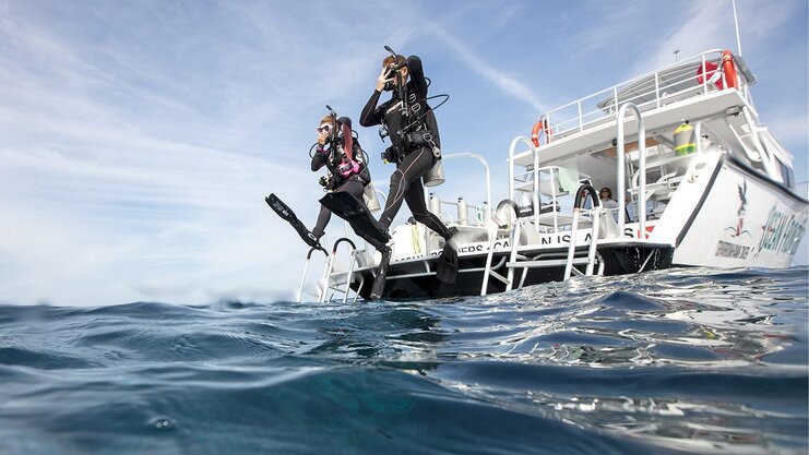 picture of two scuba divers jumping into the water from a boat